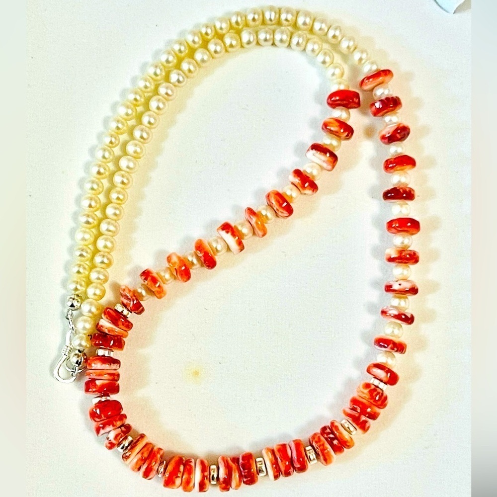 Southwest Sterling Silver Pearl Spiny Oyster/ Natural Pearl Beads  Necklace 20”